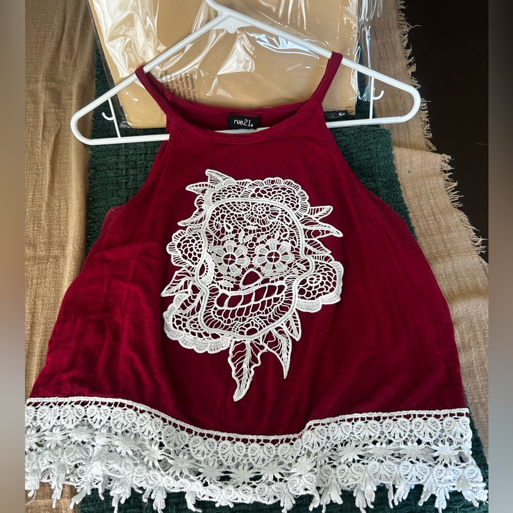 Rue21 Burgundy Tank Top with White Skull Lace